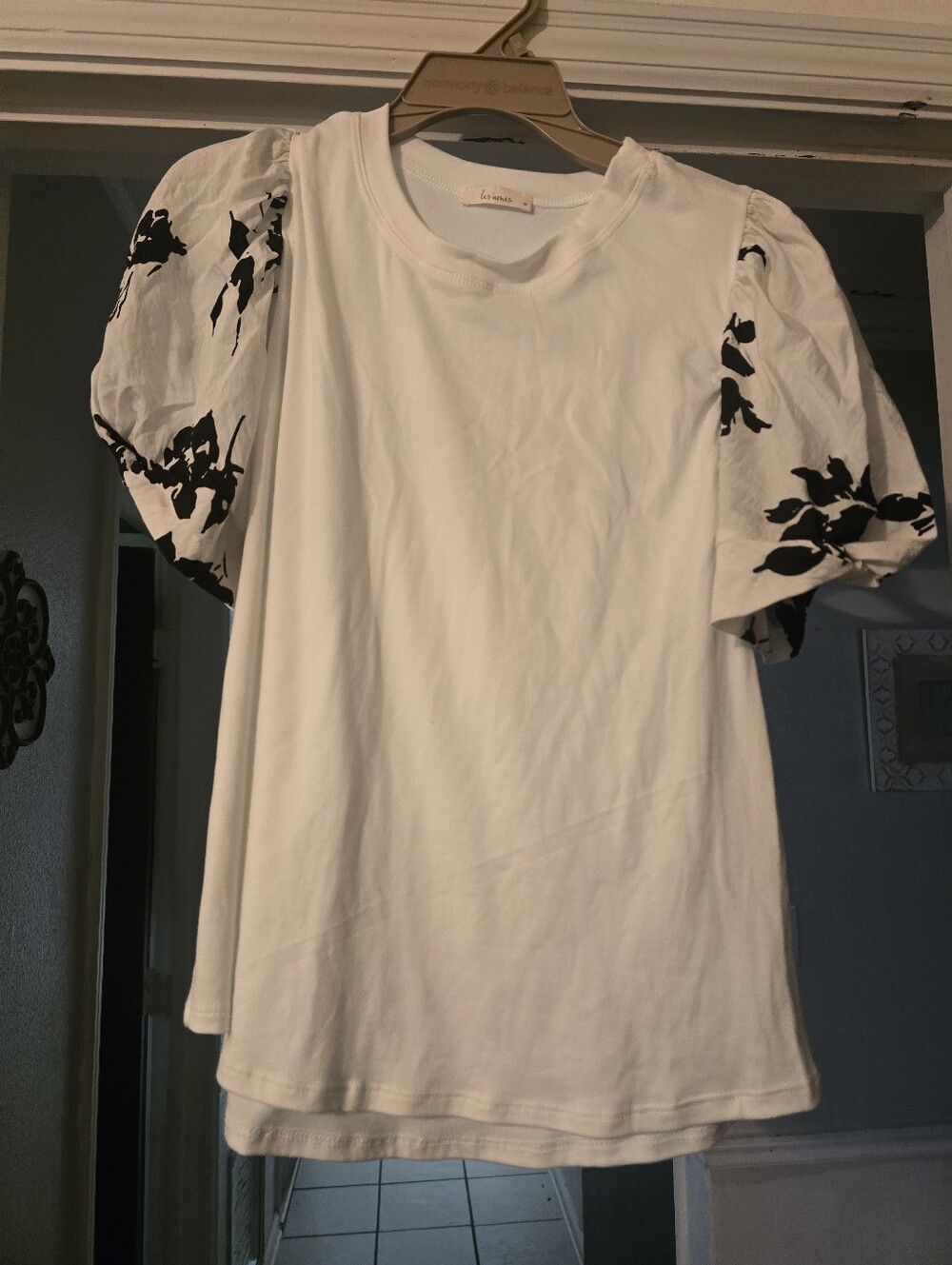 White Puff Sleeve Tee with Black Floral Accent - Women's Top